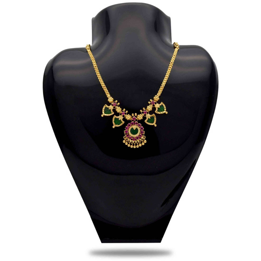 Gold Plated Double Palakka Necklace Dark Green