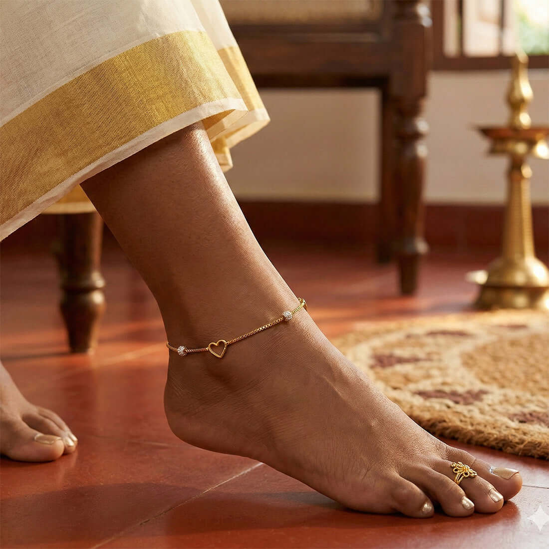 Gold Plated Dual - Tone Bead Heart Box Chain Anklets - K Supreme
