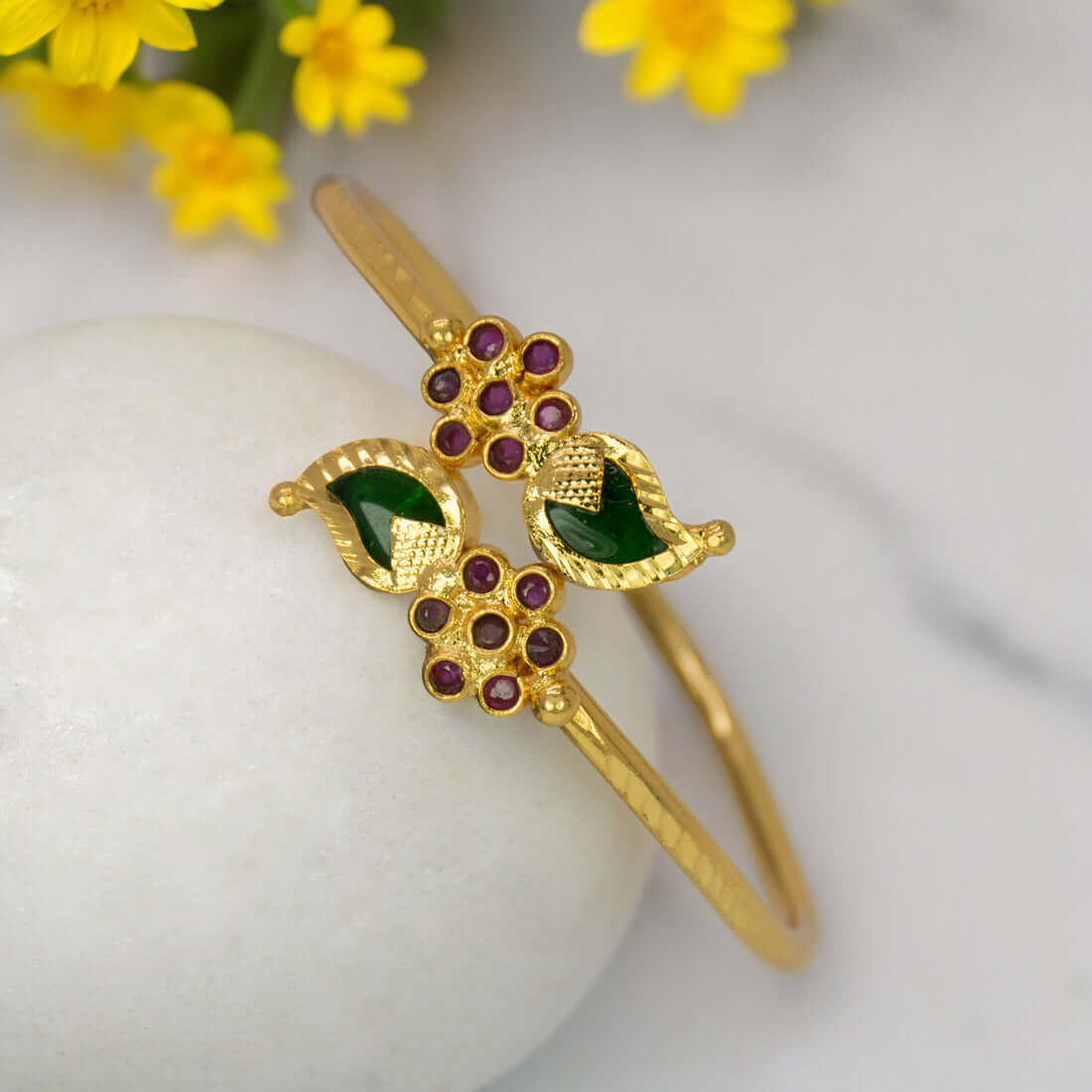 Gold Plated Floral Ruby Stones Open Mango Bangle - K Supreme