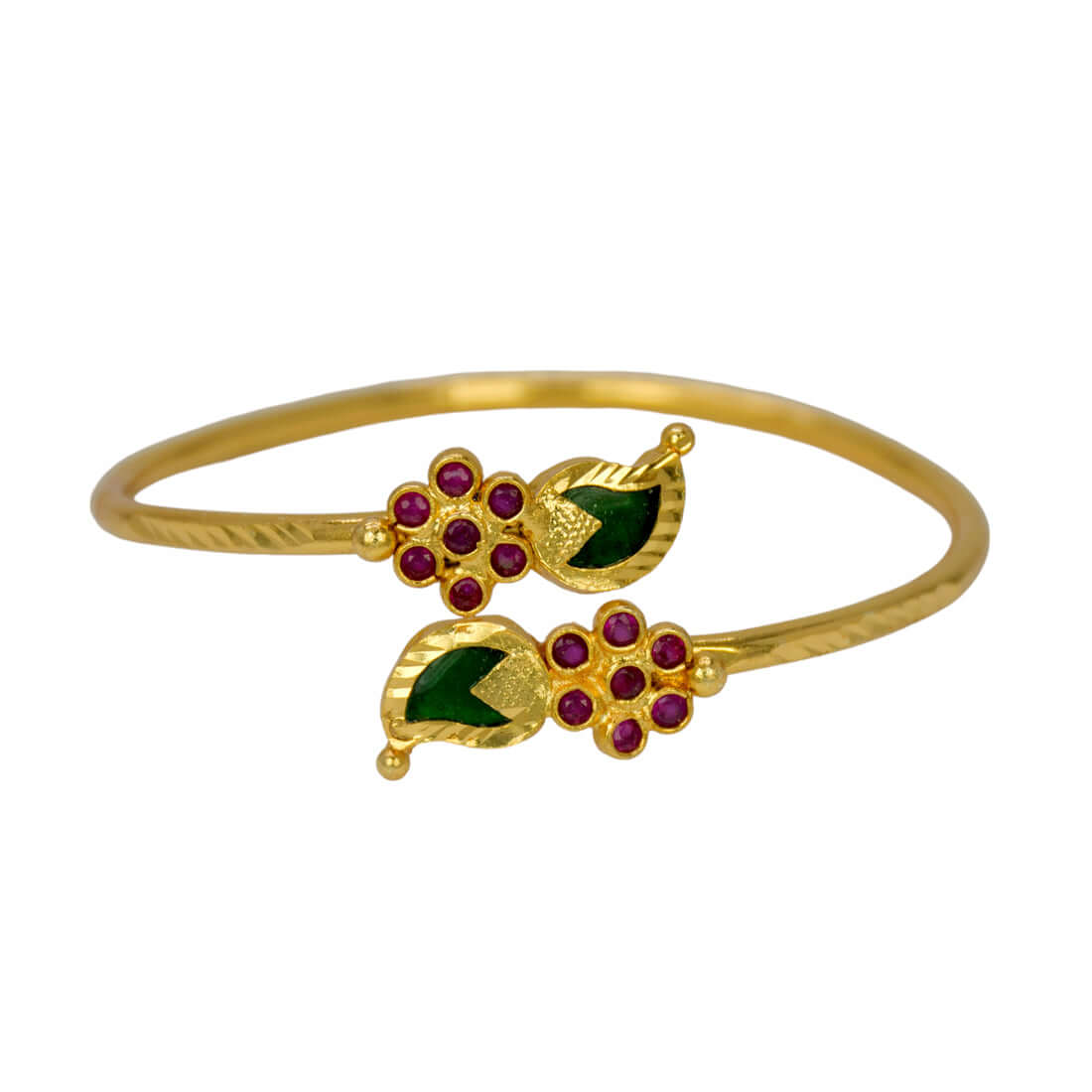 Gold Plated Floral Ruby Stones Open Mango Bangle - K Supreme