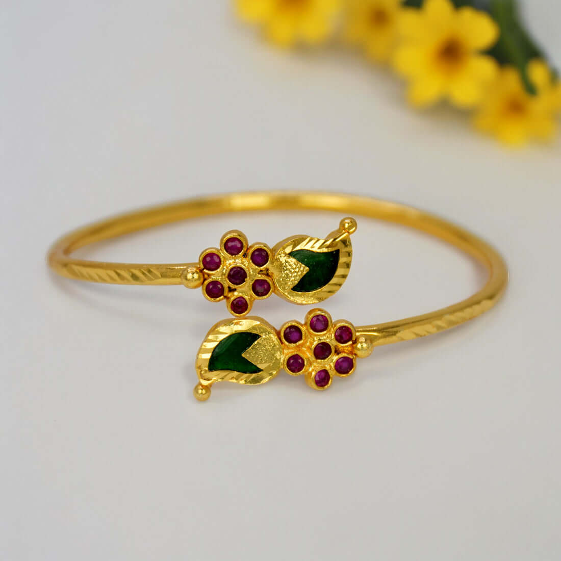 Gold Plated Floral Ruby Stones Open Mango Bangle - K Supreme