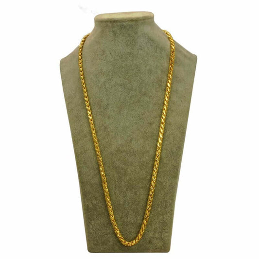 Gold Plated Nice Designer Saniya Chain displayed on a bust mannequin, showcasing its stylish design and shiny finish.