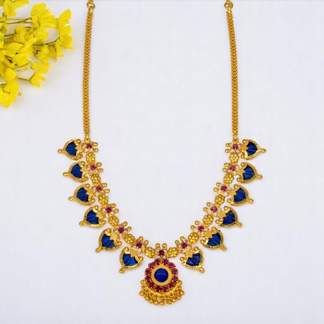 Gold Plated Ruby Stone Blue Palakka Necklace - KSupreme