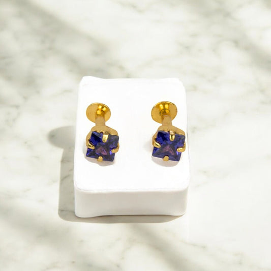 Gold Plated Square Blue CZ Stone Ear Stud | Second Stud | Nose Stud - KSupreme