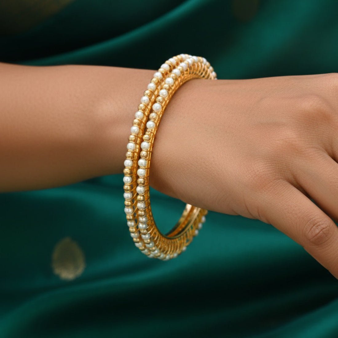 Gold - Plated Thin Pearl and Golden Bead Bangles - K Supreme