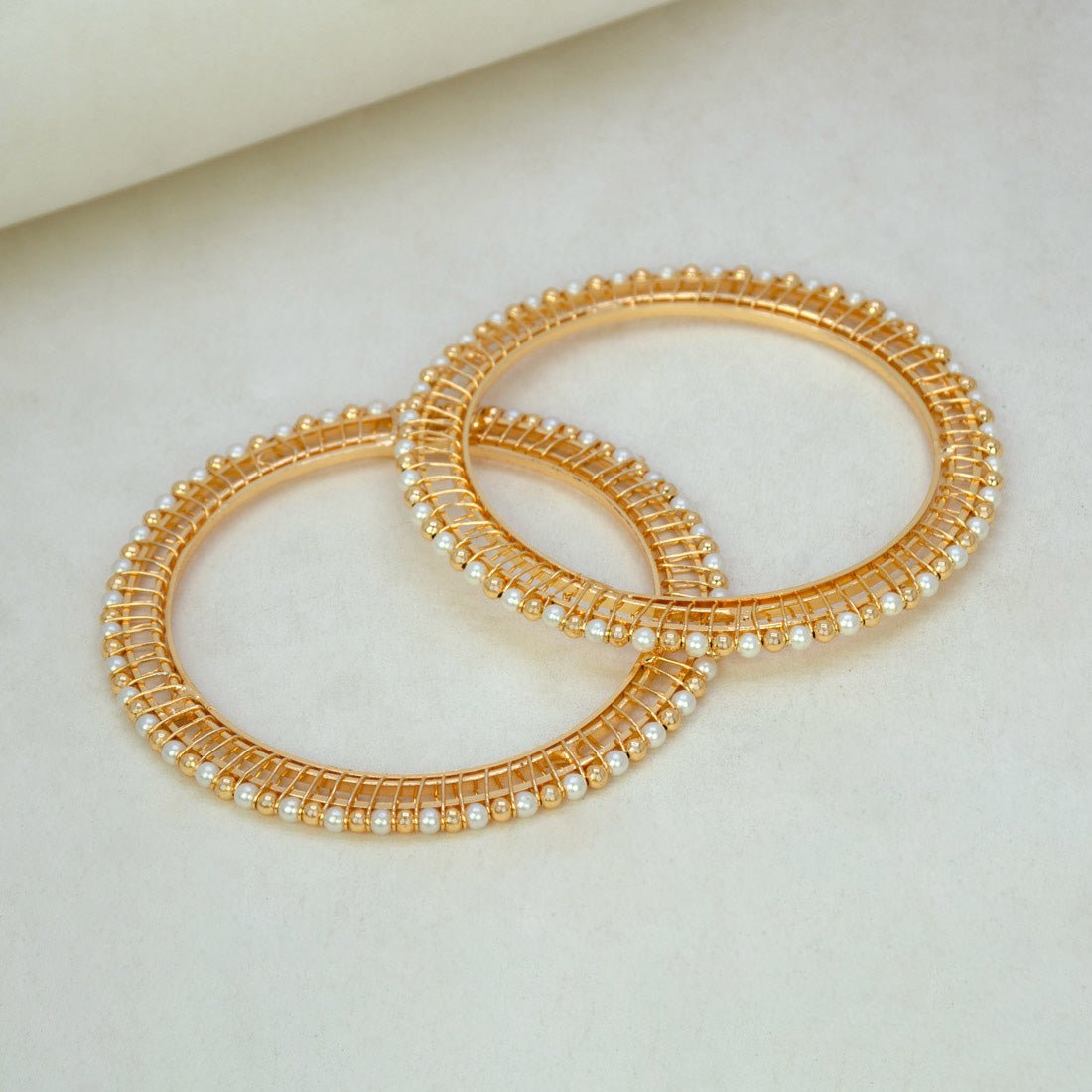 Gold - Plated Thin Pearl and Golden Bead Bangles - K Supreme
