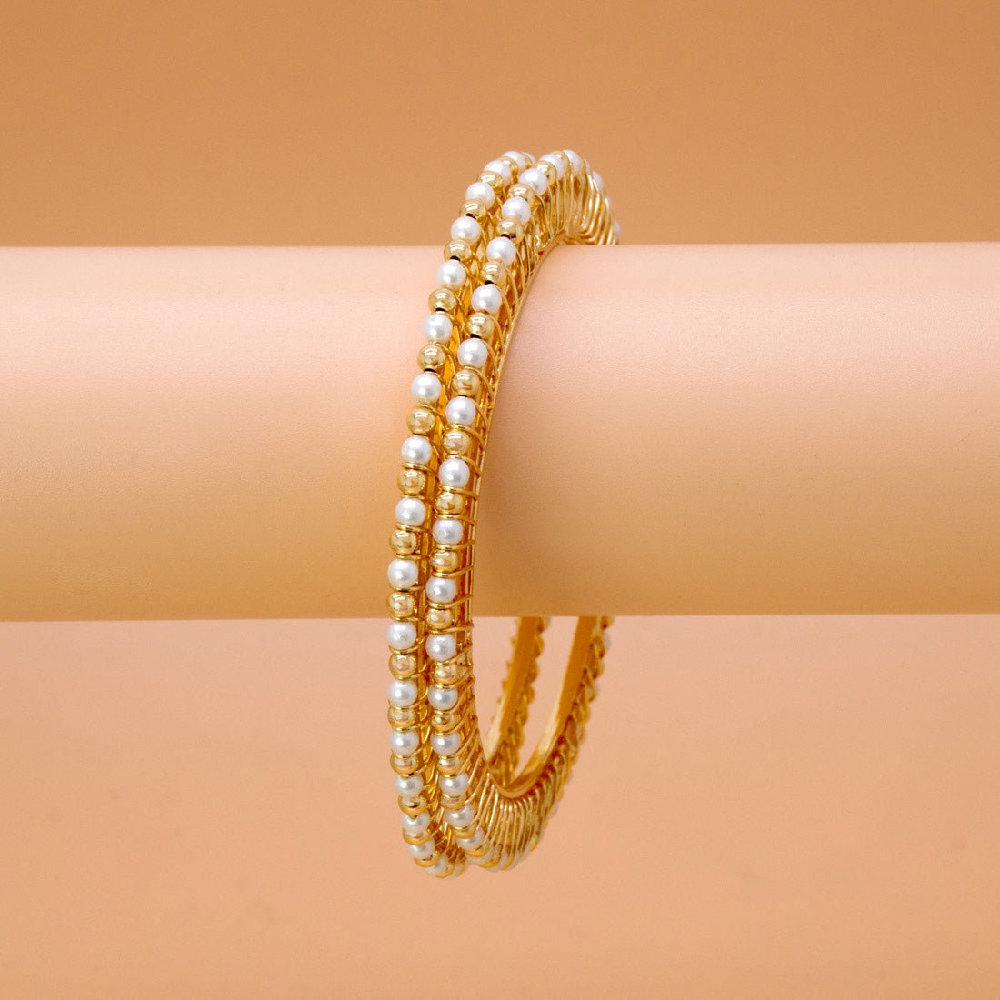 Gold - Plated Thin Pearl and Golden Bead Bangles - K Supreme