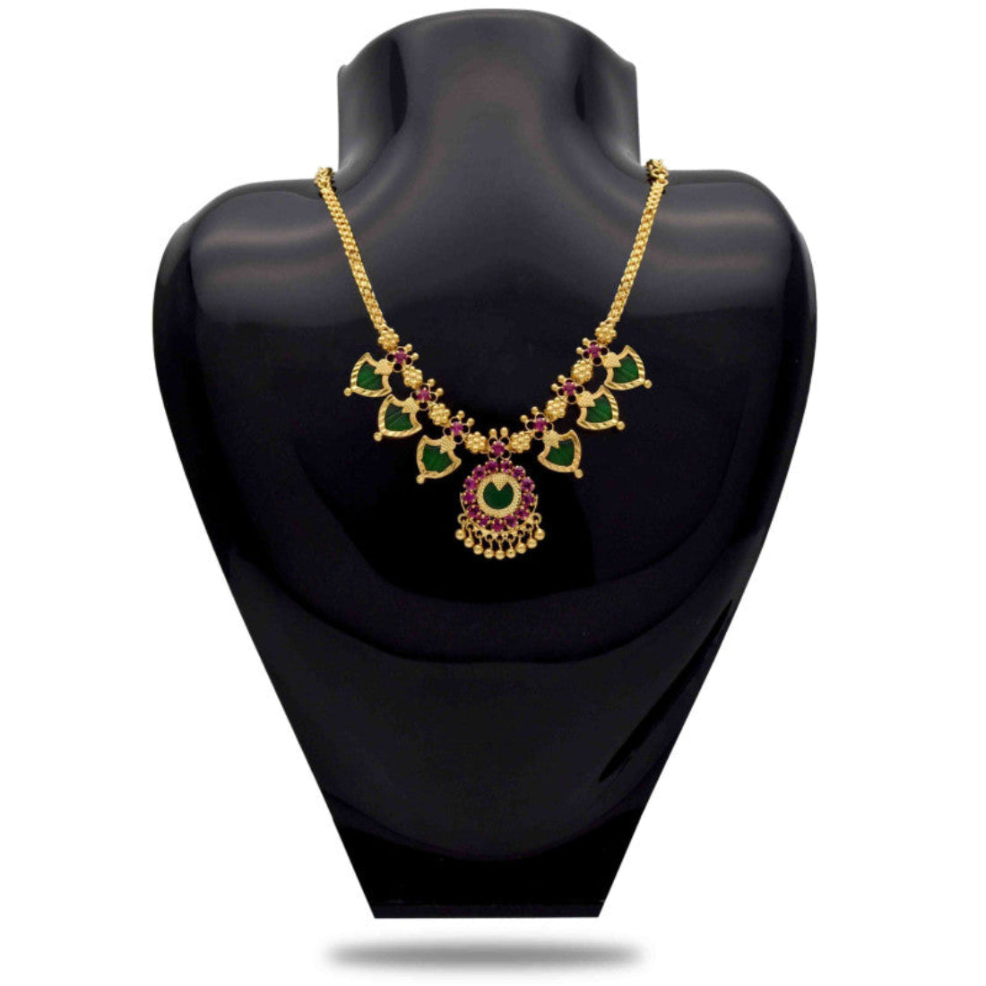 Gold Plated Traditional Palakka Necklace- 3 Stone - Green