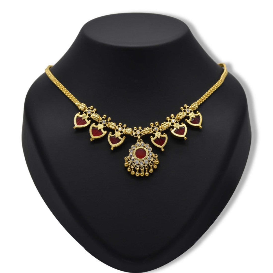 Gold Plated Traditional Palakka Necklace- 3 Stone - Red