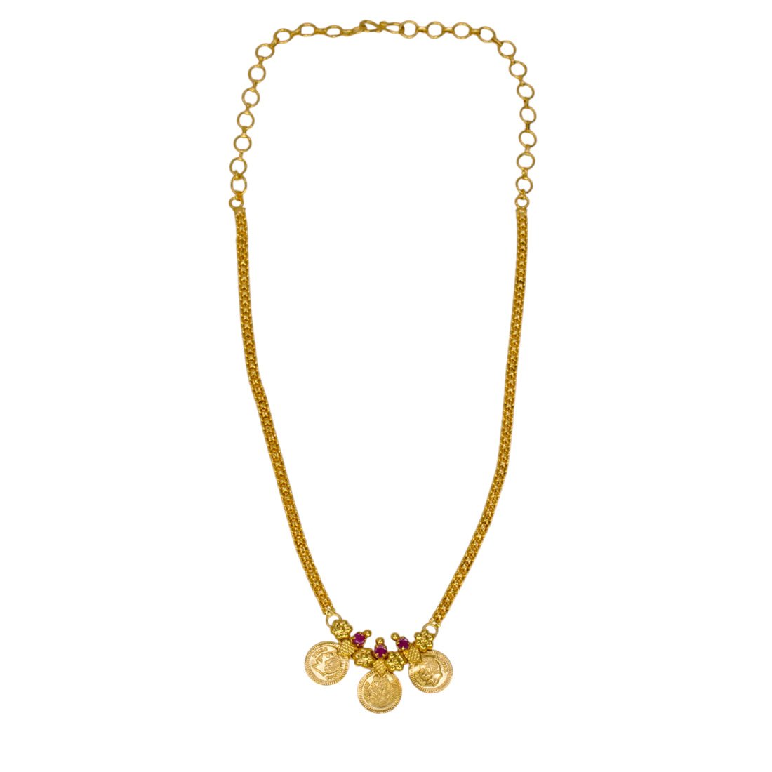 Gold Plated Triple Head Kasu/coin With Ruby Stone Necklace - KSupreme