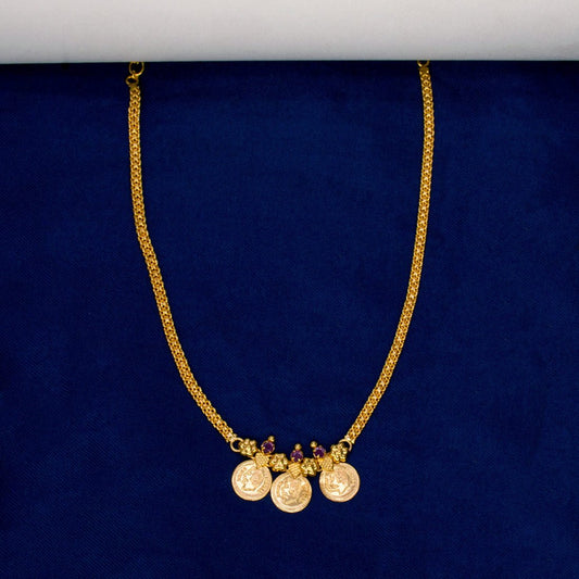 Gold Plated Triple Head Kasu/coin With Ruby Stone Necklace - KSupreme
