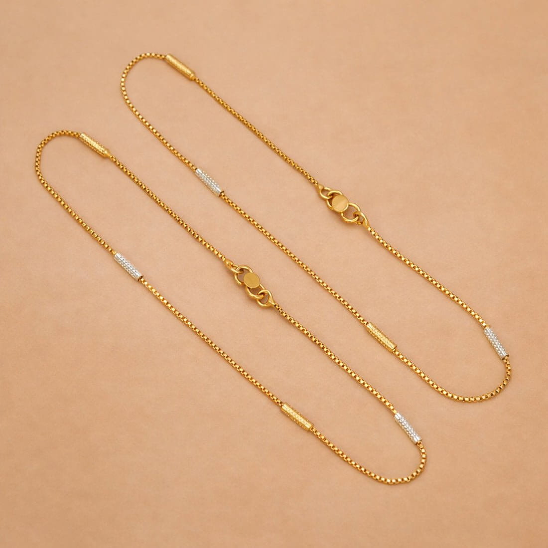 Gold Plated Two - Tone Pipe Design Box Chain Anklets - K Supreme