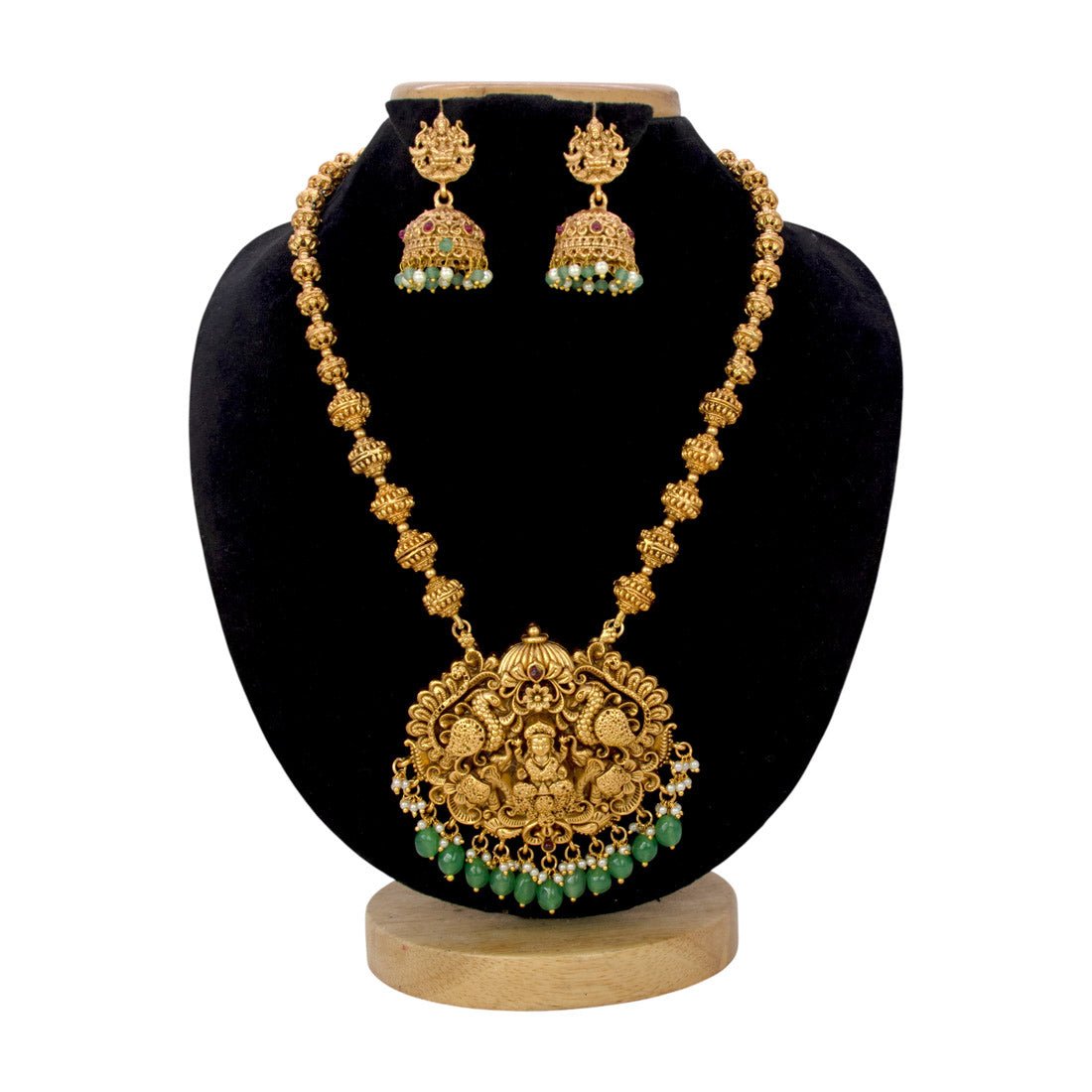 Grand Antique Gajalakshmi Pendant Green Beads Necklace Set - K Supreme