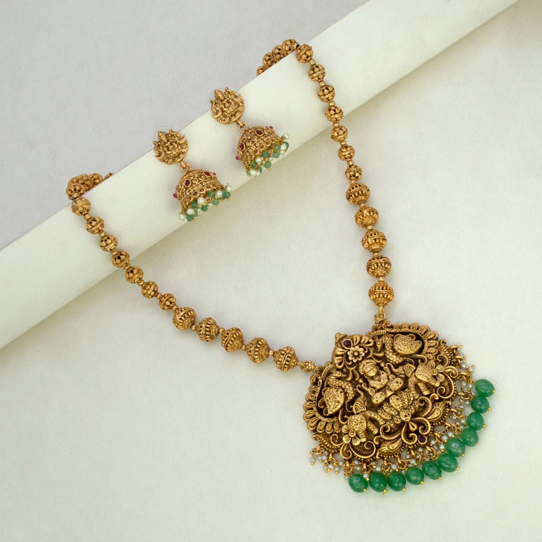 Grand Antique Gajalakshmi Pendant Green Beads Necklace Set - K Supreme