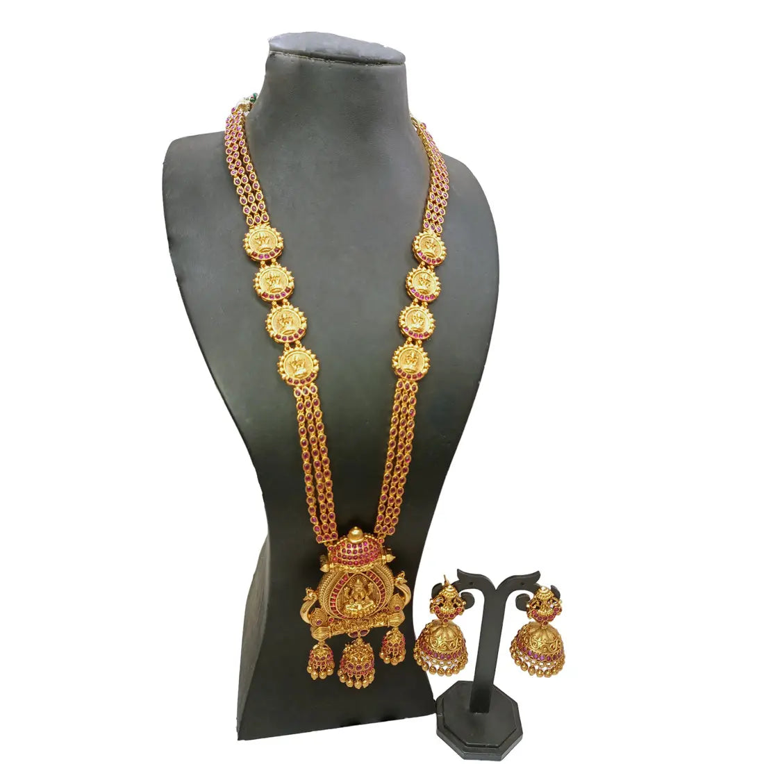 Antique Kemp Lakshmi Temple Long Necklace Set with jhumkas displayed on a stand, ideal for weddings and festive occasions.