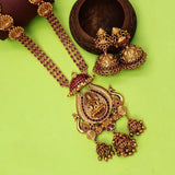 Antique Kemp Lakshmi Temple Long Necklace Set featuring a large pendant and matching jhumkas, perfect for weddings.