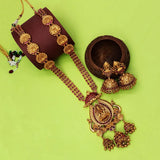 Antique Kemp Lakshmi Temple Long Necklace Set displayed with matching jhumkas on a bright background.