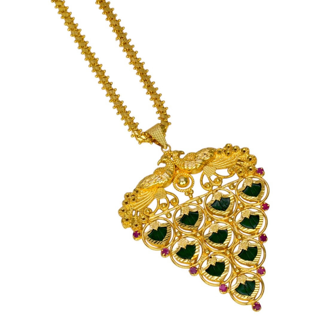 Kerala Gold Plated Big Green Palakka Peacock Pendant Chain - KSupreme