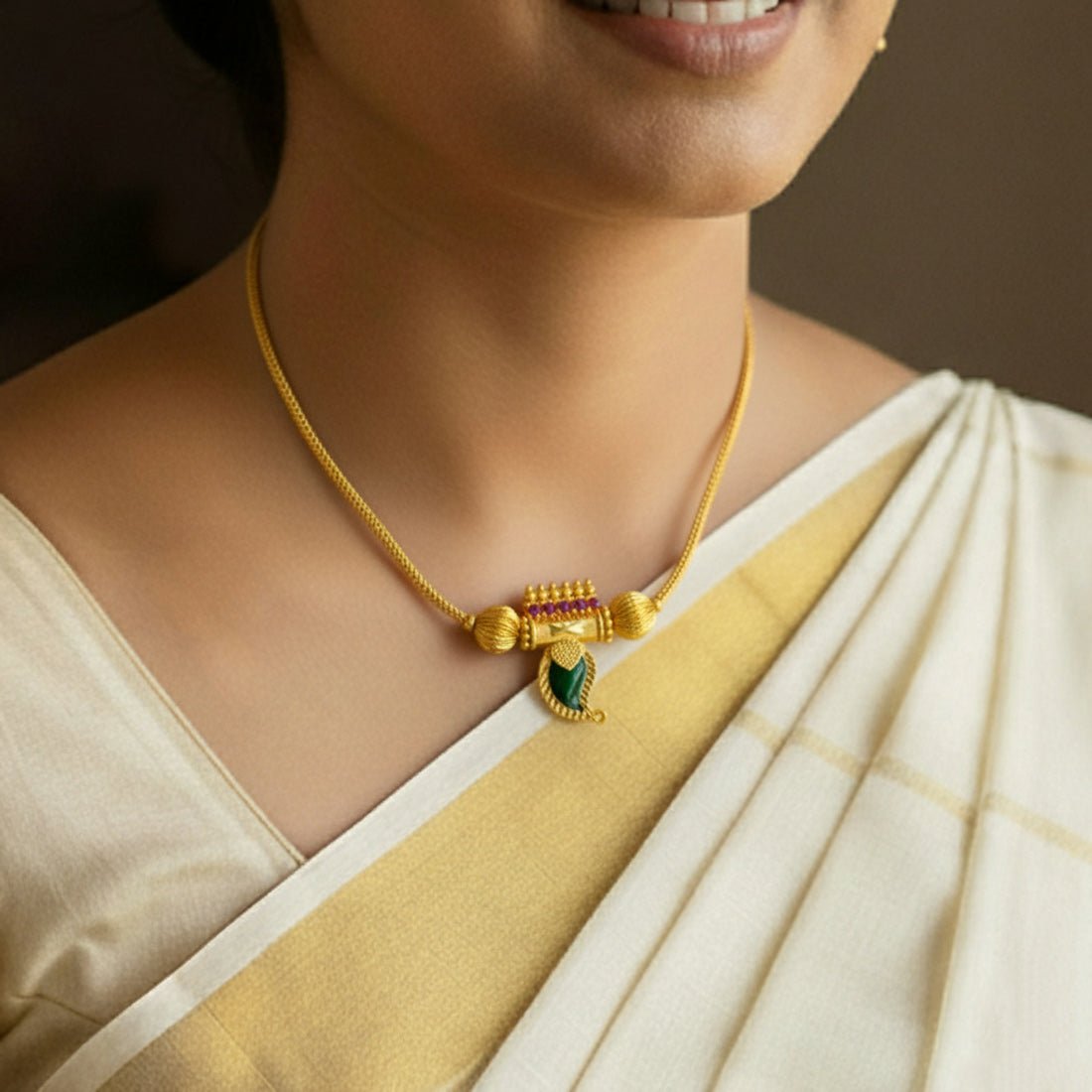 Kerala Gold Plated Green Mango Pendant Choker Necklace - K Supreme