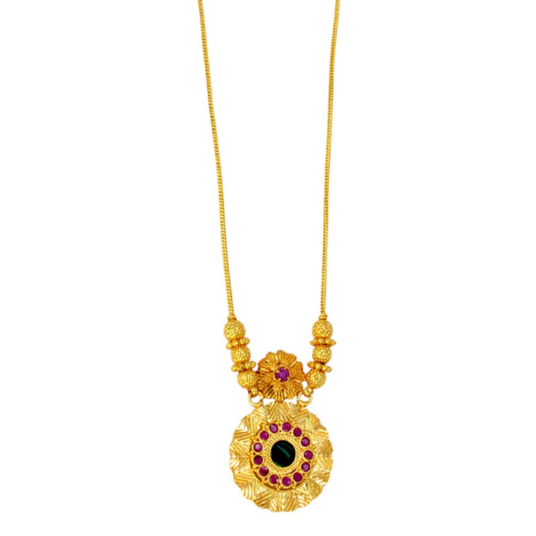 Kerala - Style Gold Plated Ruby Floral Pendant Necklace - K Supreme