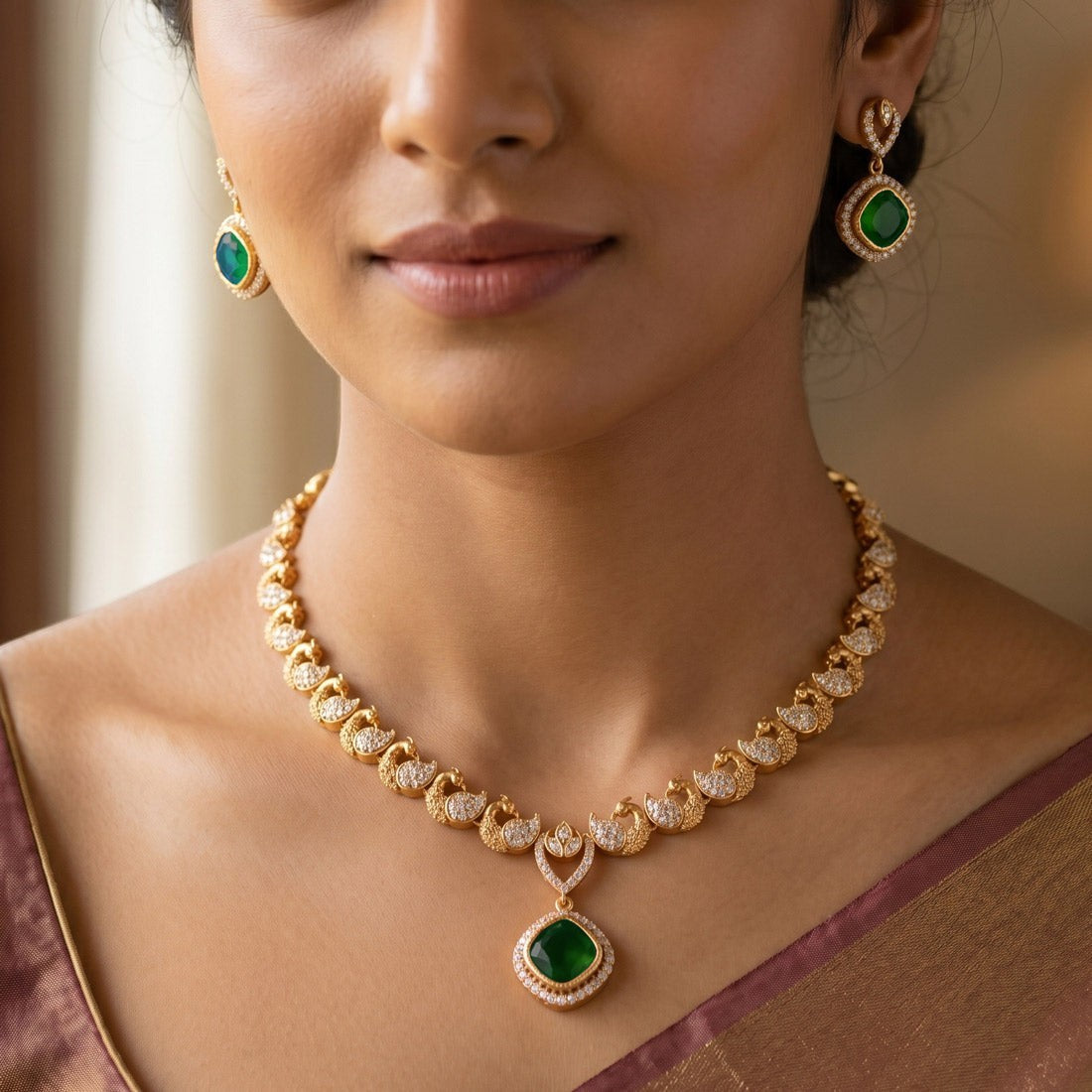 K Supreme gold-plated necklace set with peacock motifs and emerald green cubic zirconia pendant and matching earrings.