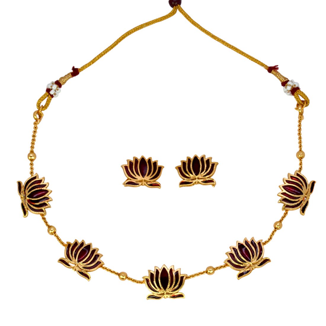 Lotus Design Matte Gold - Plated Beads Chain Necklace Set - KSupreme