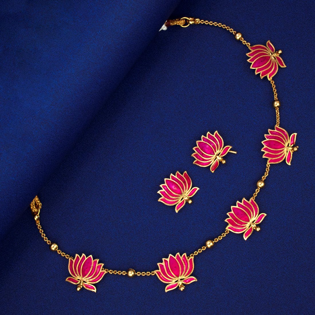 Lotus Design Matte Gold - Plated Beads Chain Necklace Set - KSupreme