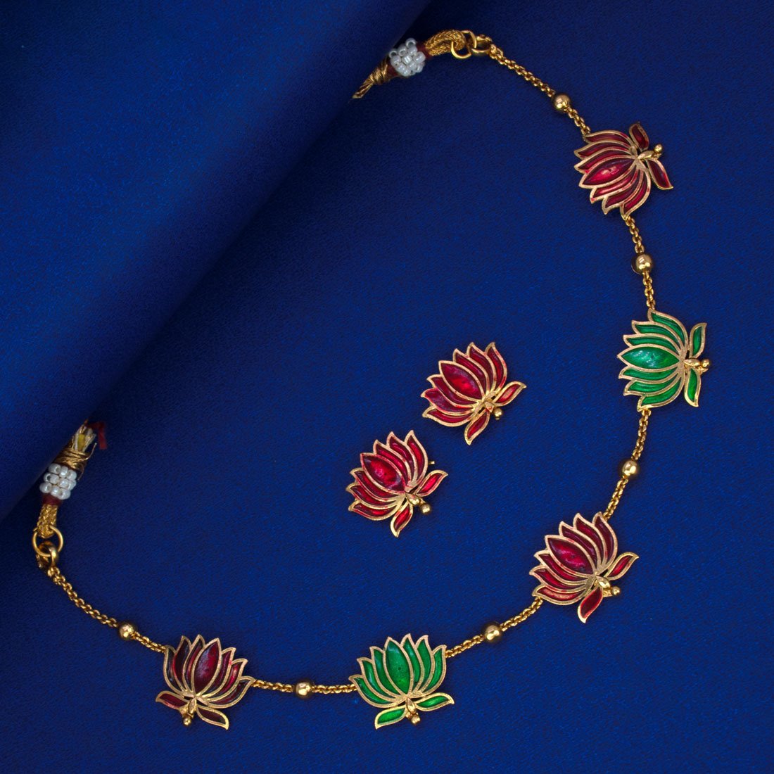 Lotus Design Matte Gold - Plated Beads Chain Necklace Set - KSupreme