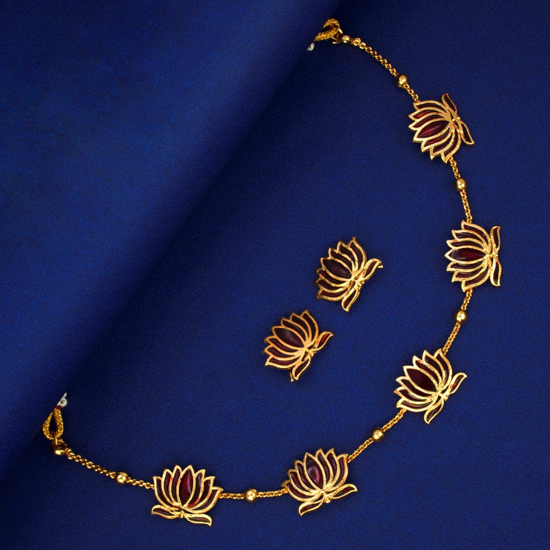 Lotus Design Matte Gold - Plated Beads Chain Necklace Set - KSupreme