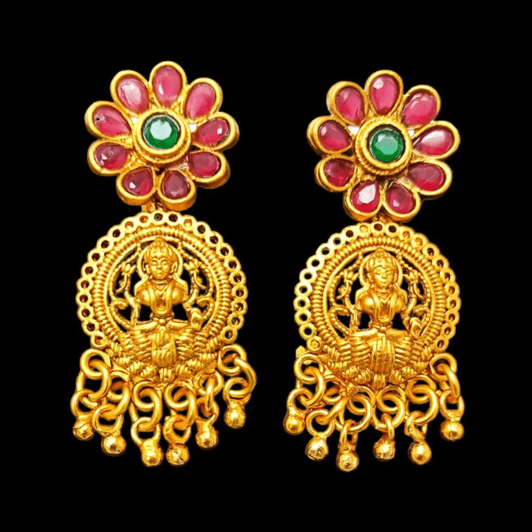 Matte Gold Plated Ruby Emerald Floral Lakshmi Drop Earrings with floral design and intricate detailing.