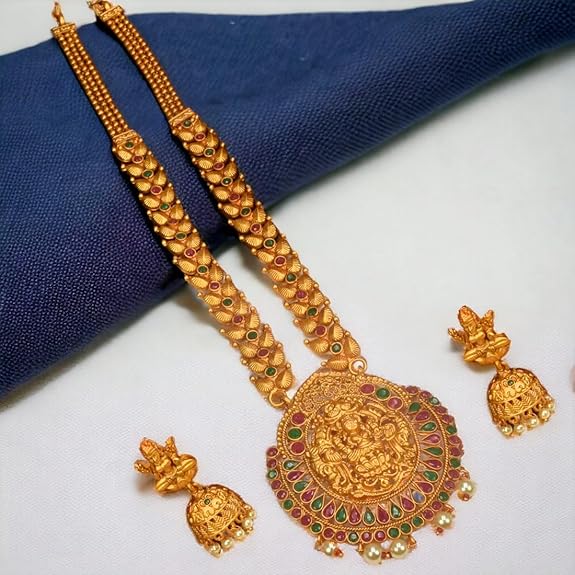 Matte Ruby Emerald Chettinad Lakshmi Long Necklace Set - K Supreme