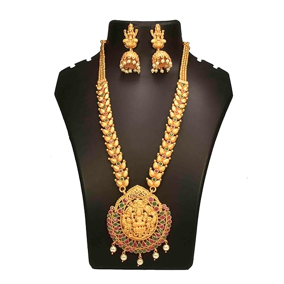 Matte Ruby Emerald Chettinad Lakshmi Long Necklace Set - K Supreme
