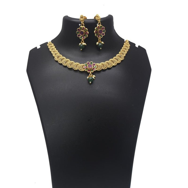 Multicoloured Stones Antique Gold Plated Choker Set - K Supreme