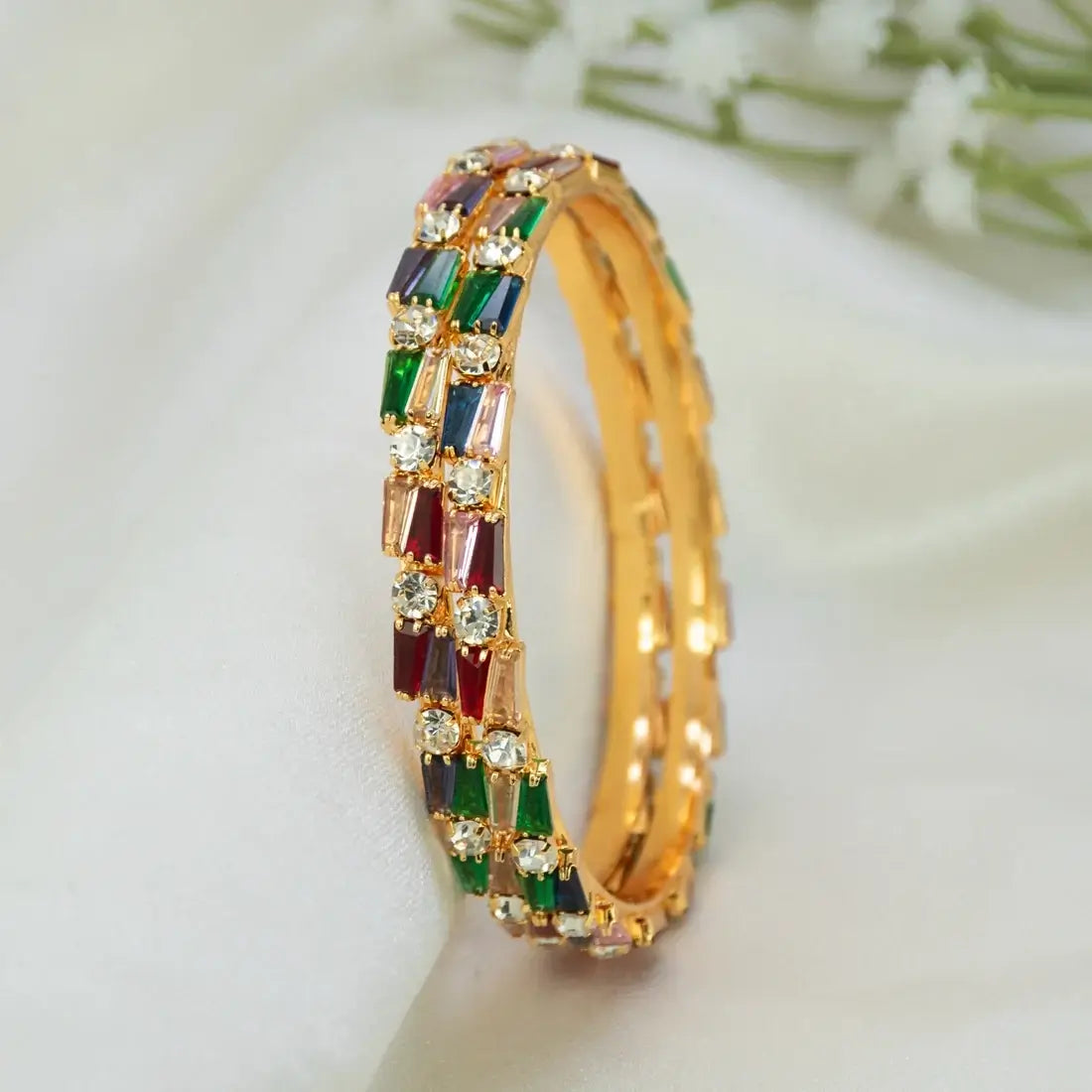 Multicolour Baguette-cut Crystal Gold Plated Bangles