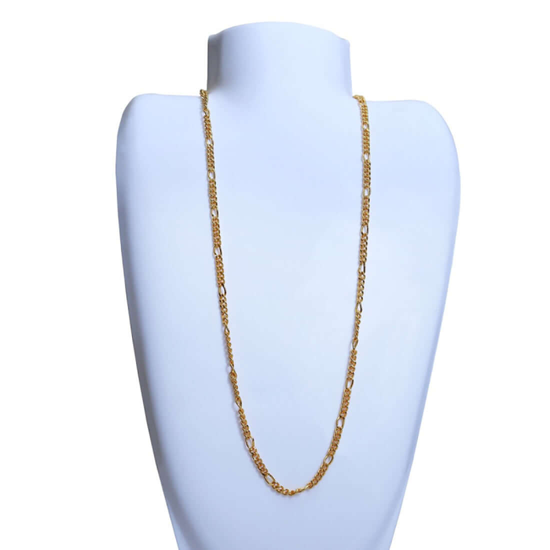 One Gram Gold Trendy Thin Figaro Unisex Sachin Chain displayed on a white bust.