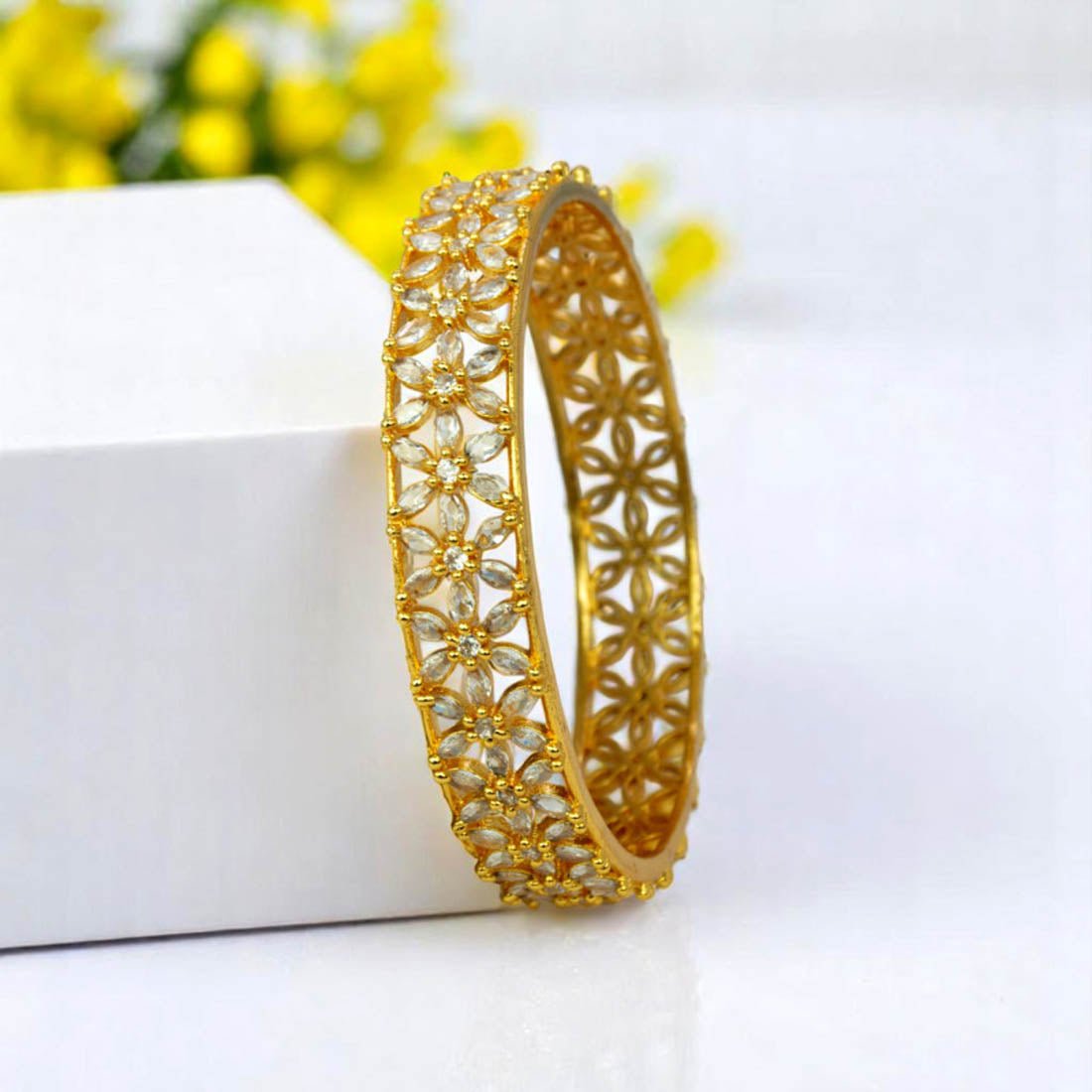 Party Wear Gold Plated Floral Stone Bangle For Women - K Supreme