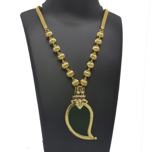 Premium Gold Plated Ball Chain Mango Pendant Necklace featuring a big mango-shaped pendant with stones.