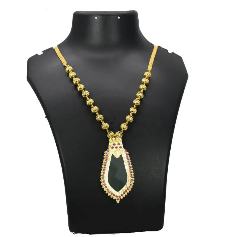Premium Gold Plated Ball Necklace With Nagapadam Pendant showcasing elegant design and intricate ruby adornments.