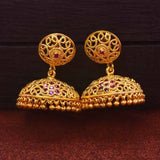 Premium Gold Plated Traditional Ruby Stones Jhumka Earrings with intricate filigree and ruby accents.