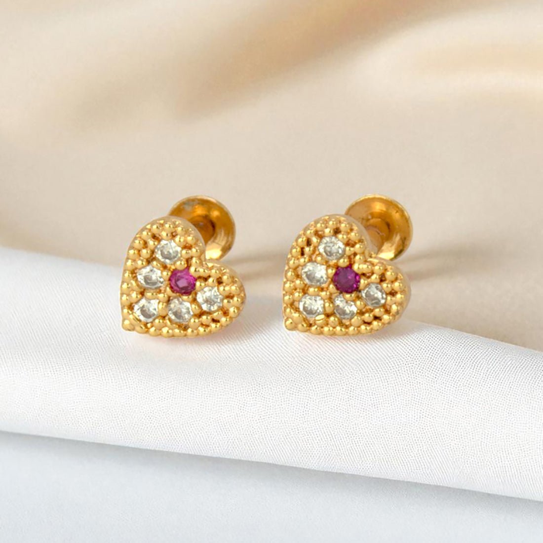 Pretty Small Gold Plated Ruby CZ Stone Heart Studs - KSupreme