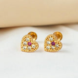 Pretty Small Gold Plated Ruby CZ Stone Heart Studs - KSupreme