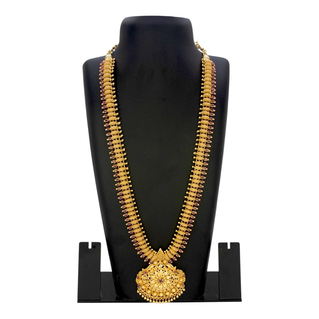 Ravishing Gold Plated Net Ruby Pendant Long Necklace - KSupreme