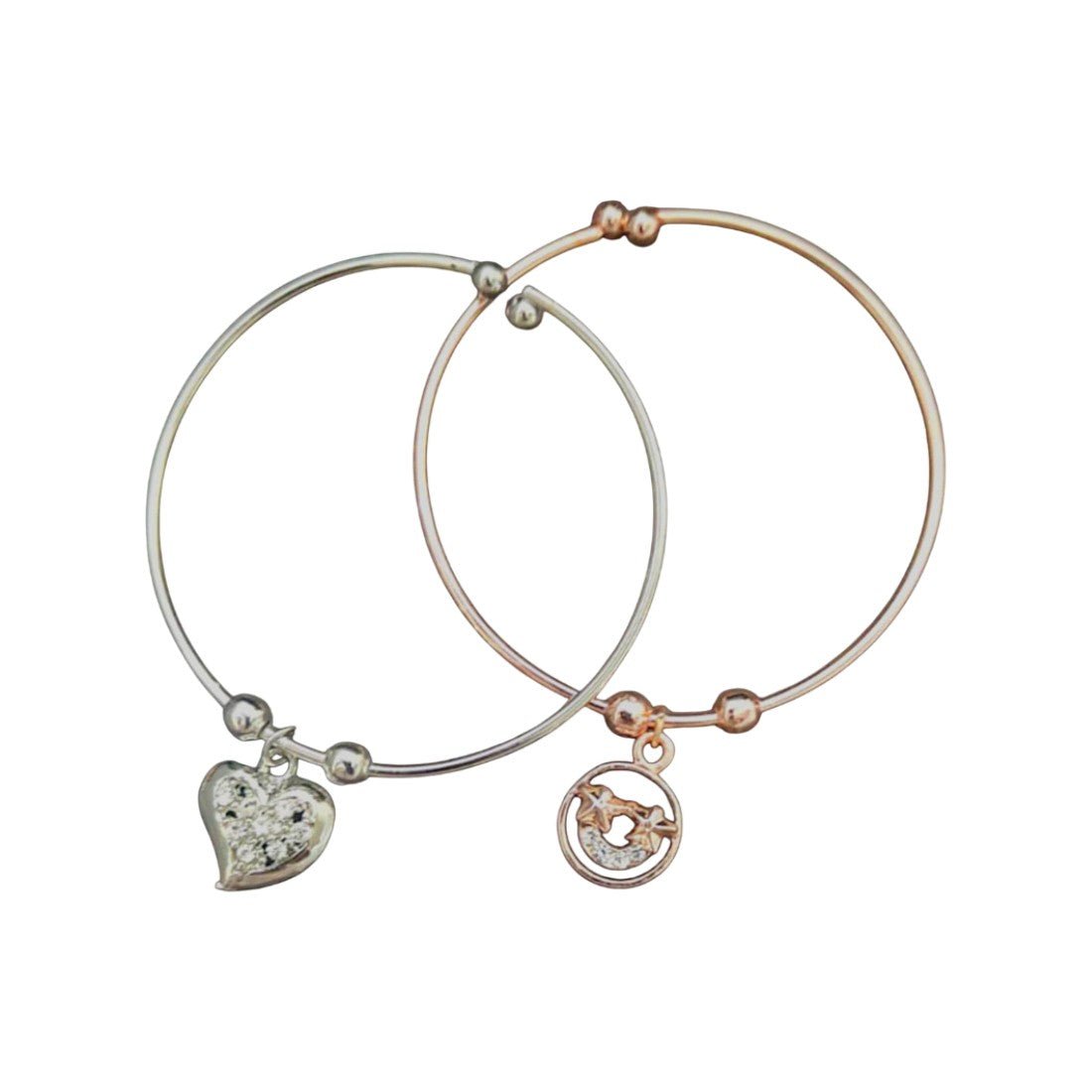 Silver and Rose Gold Plated CZ Heart Charm Fashion Bangle Set - K Supreme