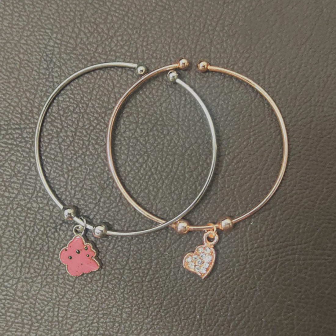 Silver and Rose Gold Plated CZ Heart Charm Fashion Bangle Set - K Supreme