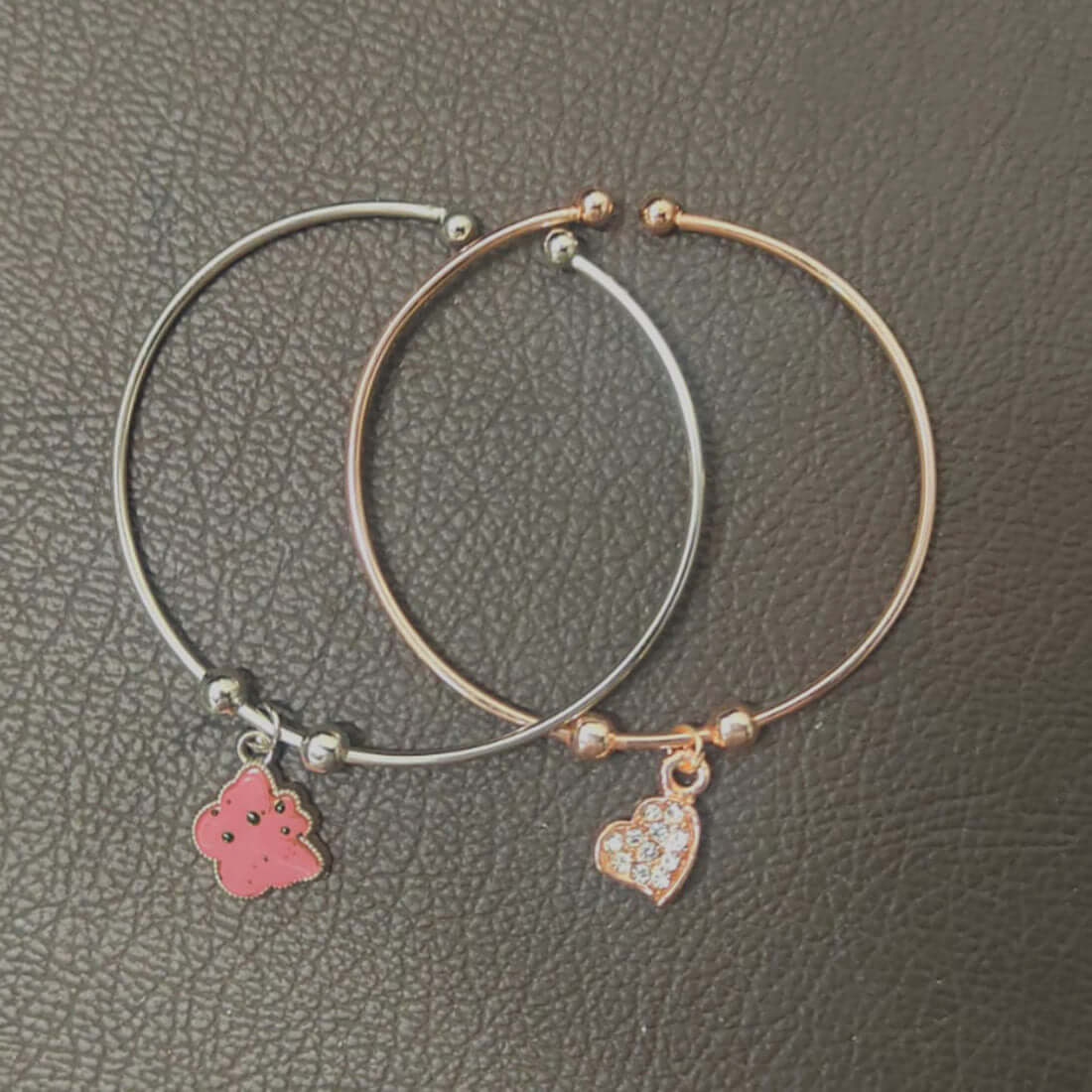 Silver and Rose Gold Plated CZ Heart Charm Fashion Bangle Set - K Supreme