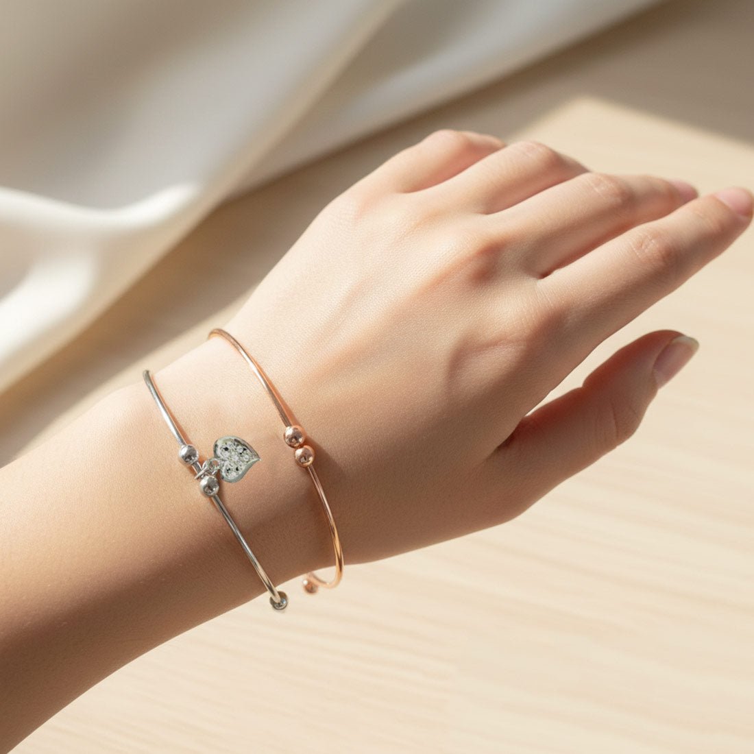 Silver and Rose Gold Plated CZ Heart Charm Fashion Bangle Set - K Supreme