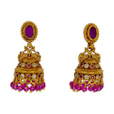 Small Antique Gold Plated Stone Jhumka For Girls featuring intricate design, synthetic stones, and dangling beads.