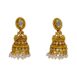 Small Antique Gold Plated Stone Jhumka For Girls featuring elegant peacock design and dangling beads.