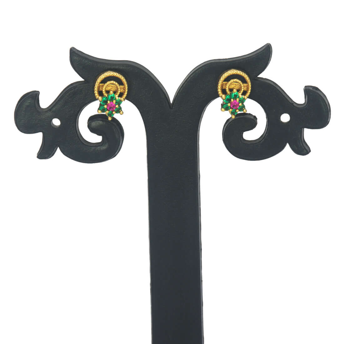 Small Cute Gold Plated Floral Emerald Ruby Stone Ear Studs - K Supreme