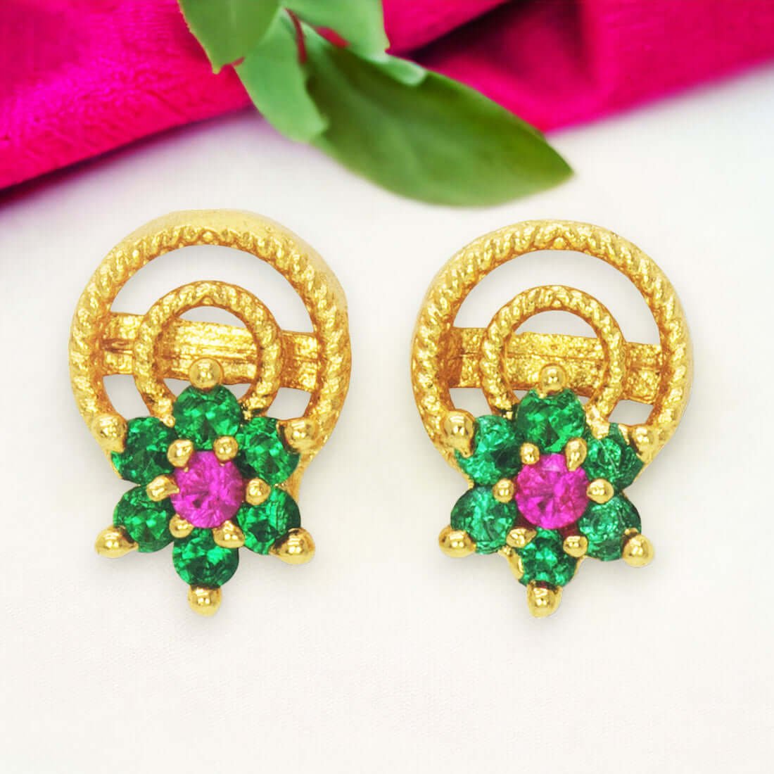 Small Cute Gold Plated Floral Emerald Ruby Stone Ear Studs - K Supreme